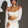 Adele Velvet Off-Shoulder Ruched Crop Top i ivory