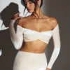Adele Velvet Off-Shoulder Ruched Crop Top i ivory