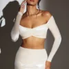 Adele Velvet Off-Shoulder Ruched Crop Top i ivory