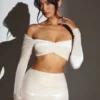 Adele Velvet Off-Shoulder Ruched Crop Top i ivory
