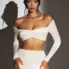 Adele Velvet Off-Shoulder Ruched Crop Top i ivory