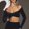 Adele Velvet Off-Shoulder Ruched Crop Top i Jet Black