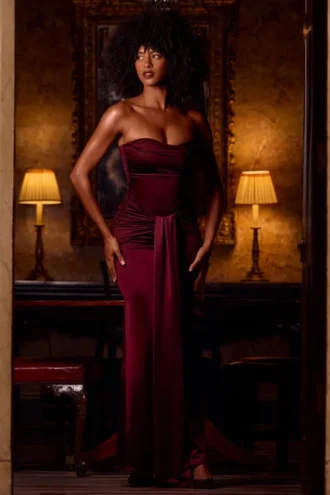 Aisra Satin Peekaboo Bandeau Draped Gown i vinrött