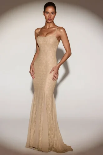 Alabelle Metallic Lace Godet Fishtail Gown i guld