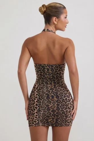 Alena rynkad halterneck-miniklänning i leopardmönster