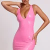 Allani Vinyl Plunge Neck Bodycon Miniklänning i rosa