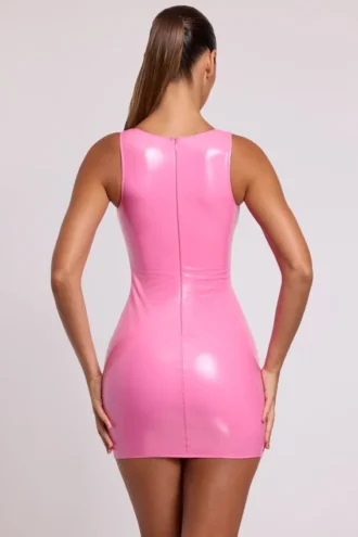Allani Vinyl Plunge Neck Bodycon Miniklänning i rosa