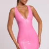 Allani Vinyl Plunge Neck Bodycon Miniklänning i rosa