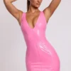 Allani Vinyl Plunge Neck Bodycon Miniklänning i rosa