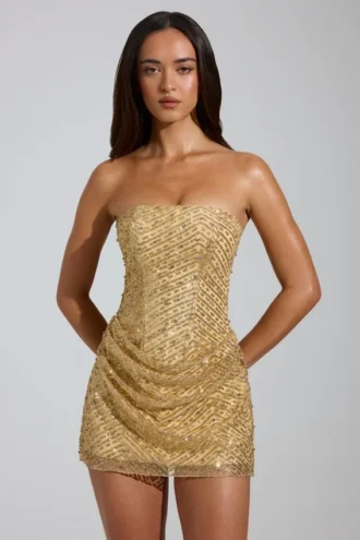 Amalina Embellished Bandeau A-Line Miniklänning i guld