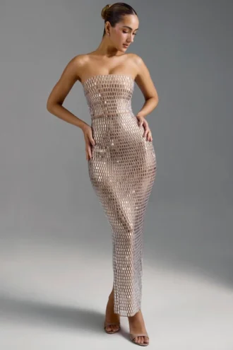 Amaya Embellished Bandeau Maxiklänning i Almond