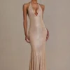 Ameline Premium Embellished Plunge-Neck Open-Back Gown i beige guld