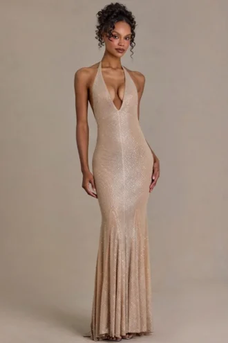 Ameline Premium Embellished Plunge-Neck Open-Back Gown i beige guld