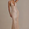 Ameline Premium Embellished Plunge-Neck Open-Back Gown i beige guld