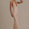 Ameline Premium Embellished Plunge-Neck Open-Back Gown i beige guld