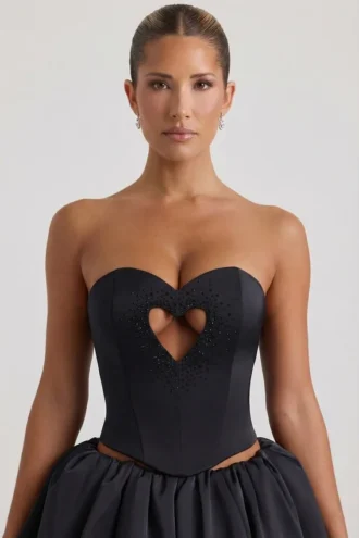 Amora Embellished Heart Cut-Out Strapless Corset Top i svart