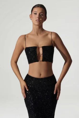 Ariana Embellished Cut-Out Crop Top i svart