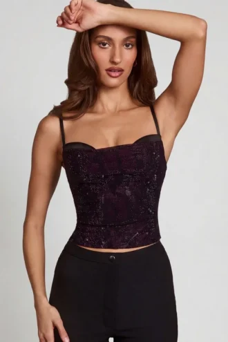 Armelia Embellished Peekaboo Cowl-Neck Top i Purple Snake