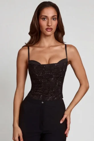 Armelia Embellished Peekaboo Cowl-Neck Top i svart