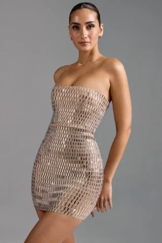 Aurora Embellished Bandeau Miniklänning i Almond