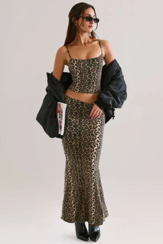 Avenley Modal Mid-Rise Fishtail Maxi Kjolar i leopardmönster