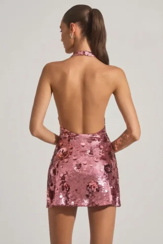 Avenza miniklänning med paljettdekor och halterneck i rosa
