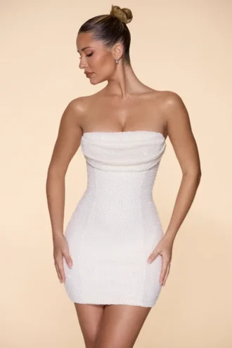 Basel Embellished Strapless Cowl Neck Miniklänning i Ivory