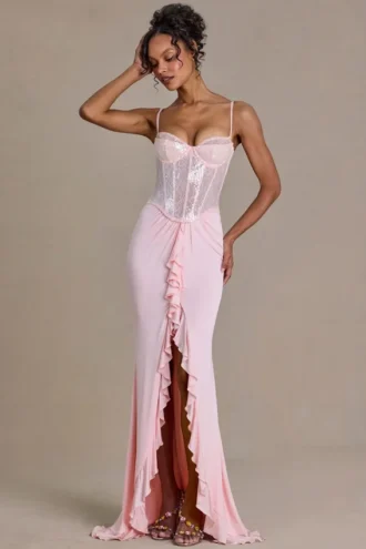 Beatrix Premium Embellished Lace Corset Gown i Baby Pink