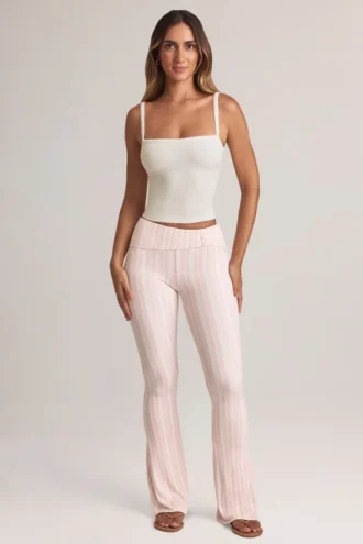 Bebe Modal Foldover Mid-Rise Flared Trousers i randigt mönster