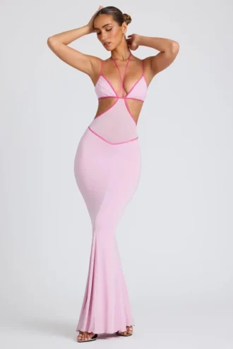 Bella Contrast Binding Cut Out Evening Gown i mjukrosa