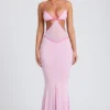 Bella Contrast Binding Cut Out Evening Gown i mjukrosa