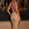 Bellara Metallic Lace Plunge-Neck Backless Midaxi Klänning i guld