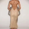Bellara Metallic Lace Plunge-Neck Backless Midaxi Klänning i guld