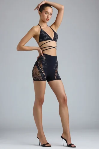 Bonnie-shorts med dekorationer och hög midja i svart