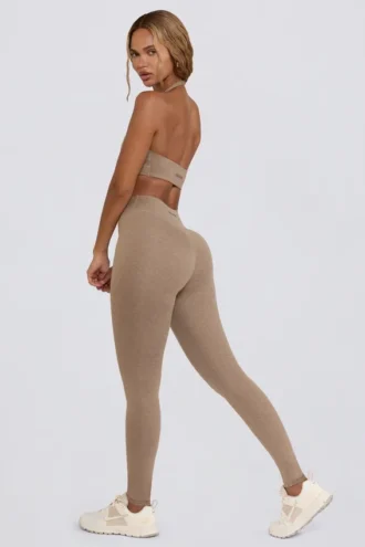 Borstad jersey-leggings med rynkad midja i färgen Mocha Marl