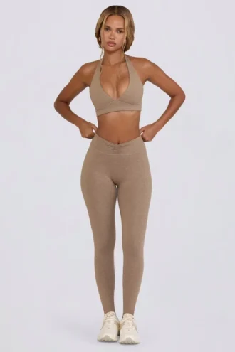 Borstad jersey-leggings med rynkad midja i färgen Mocha Marl