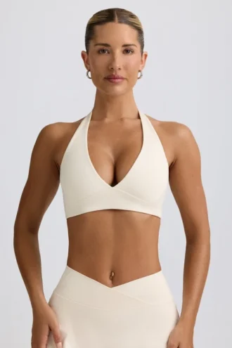 Borstad jersey-sport-BH med V-ringning i ivory marl