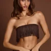 Bruma Bandeau-crop-top med snörning och fransar i chokladbrunt