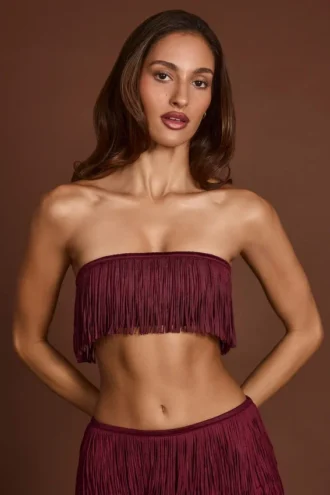 Bruma fransad bandeau-crop-top med snörning i vinrött