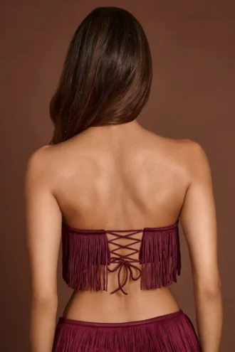 Bruma fransad bandeau-crop-top med snörning i vinrött