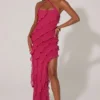 Calico Cross Strap Ruffle Floor Length Klänning i fuchsia