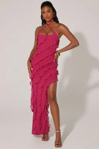 Calico Cross Strap Ruffle Floor Length Klänning i fuchsia