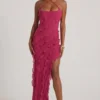 Calico Cross Strap Ruffle Floor Length Klänning i fuchsia