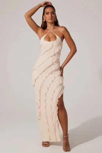 Calico Cross Strap Ruffle Floor Length Klänning i ivory