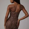 Caprice Sheer Embellished Bodycon Miniklänning i Deep Cocoa