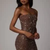 Caprice Sheer Embellished Bodycon Miniklänning i Deep Cocoa