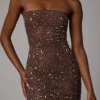 Caprice Sheer Embellished Bodycon Miniklänning i Deep Cocoa