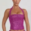 Caralie Embellished Halterneck Corset Top i Magenta