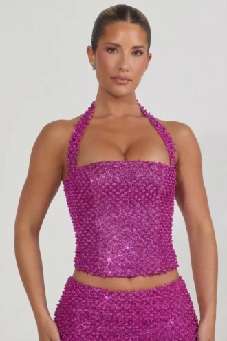 Caralie Embellished Halterneck Corset Top i Magenta