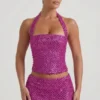 Caralie Embellished Halterneck Corset Top i Magenta